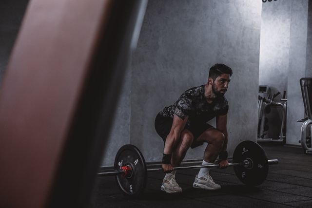 Home Man lifting weights in gym, displaying strength and focus. Ideal for fitness and training themes.